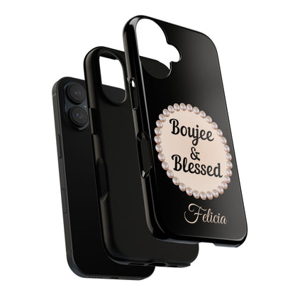 Personalized Boujee & Blessed Themed Tough iPhone Cases 14/15/16 Plus/Pro/Pro Max (Black and Pearl Emblem)