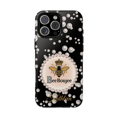 Personalized Bee Boujee Themed Tough iPhone Cases 14/15/16 Plus/Pro/Pro Max (Black and Pearl Emblem)