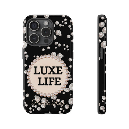 Personalized Luxe Life Themed Tough iPhone Cases 14/15/16 Plus/Pro/Pro Max (Black and Pearl Emblem)