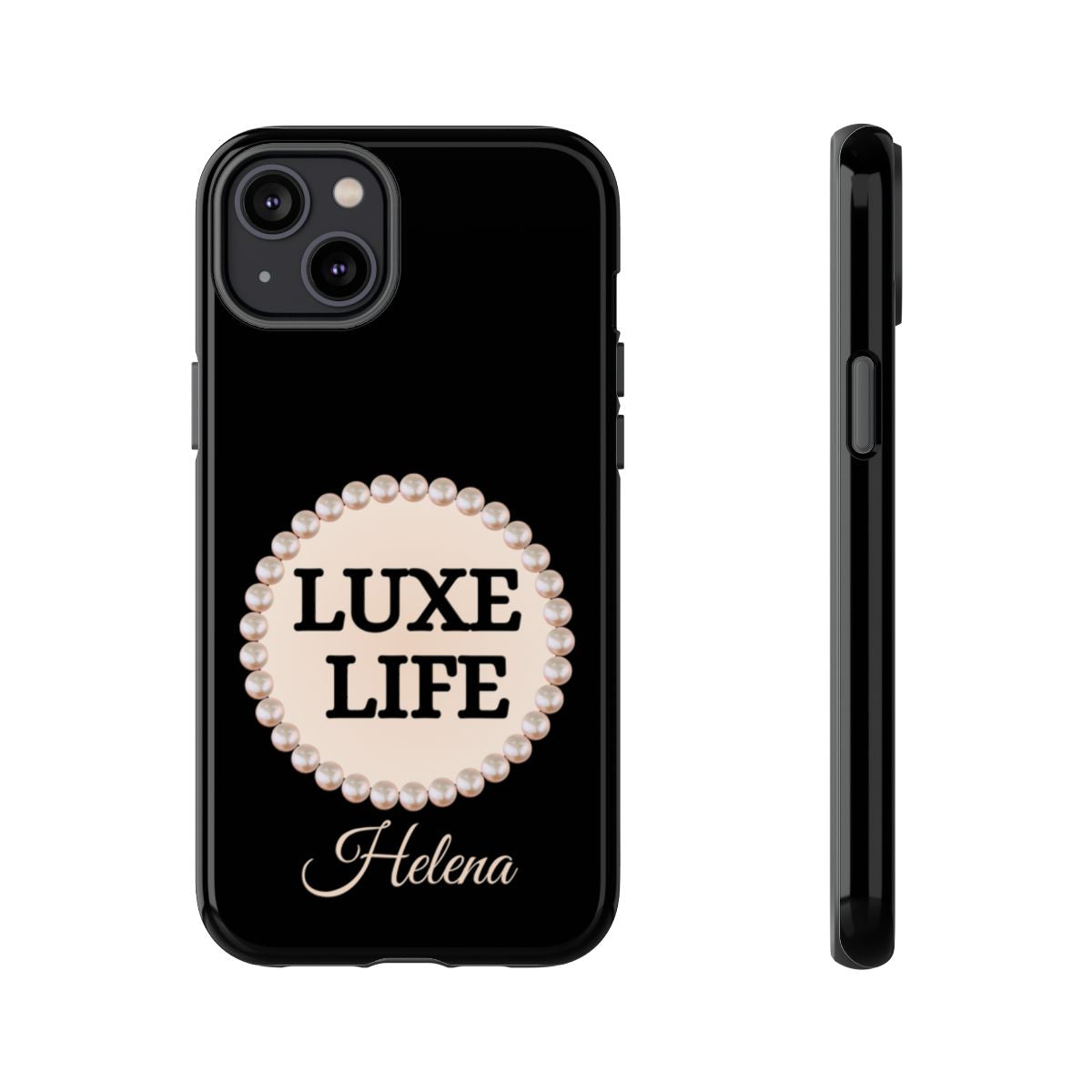 Personalized Luxe Life Themed Tough iPhone Cases 14/15/16 Plus/Pro/Pro Max (Black and Pearl Emblem)