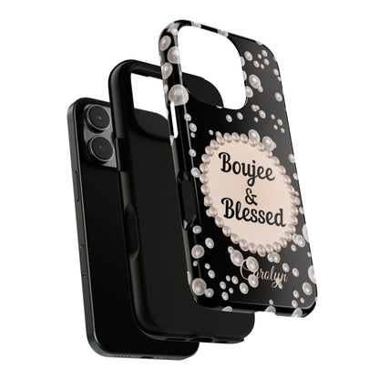 Personalized Boujee-Themed Tough iPhone 16 Pro Case (Black and Pearl Emblem)