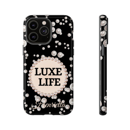 Personalized Luxe Life Themed Tough iPhone Cases 14/15/16 Plus/Pro/Pro Max (Black and Pearl Emblem)