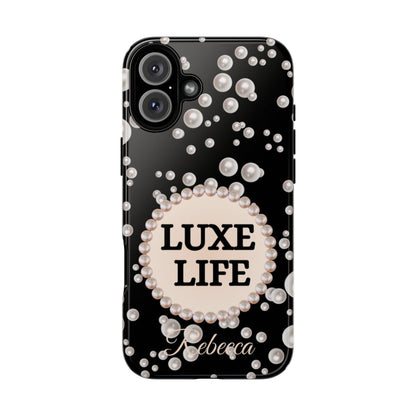 Personalized Boujee-Themed Tough iPhone 16 Plus Case (Black and Pearl Emblem)