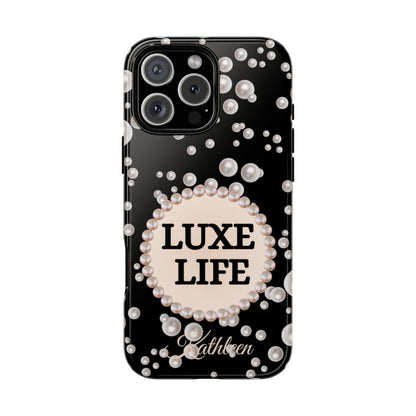 Personalized Luxe Life Themed Tough iPhone Cases 14/15/16 Plus/Pro/Pro Max (Black and Pearl Emblem)