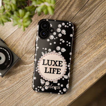 Personalized Boujee-Themed Tough iPhone 16 Plus Case (Black and Pearl Emblem)