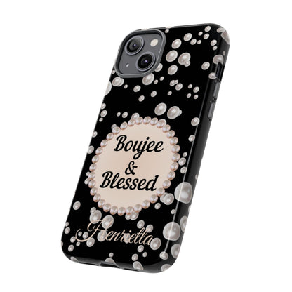 Personalized Boujee & Blessed Themed Tough iPhone Cases 14/15/16 Plus/Pro/Pro Max (Black and Pearl Emblem)