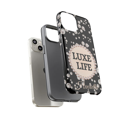 Personalized Luxe Life Themed Tough iPhone Cases 14/15/16 Plus/Pro/Pro Max (Black and Pearl Emblem)