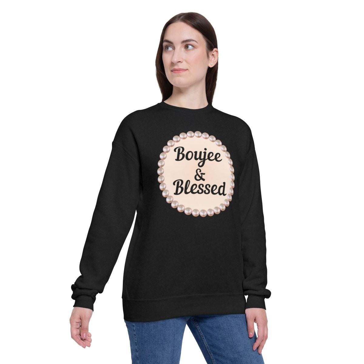 CUSTOMIZABLE "Boujee & Blessed Pearl Emblem - Drop Shoulder Sweatshirt
